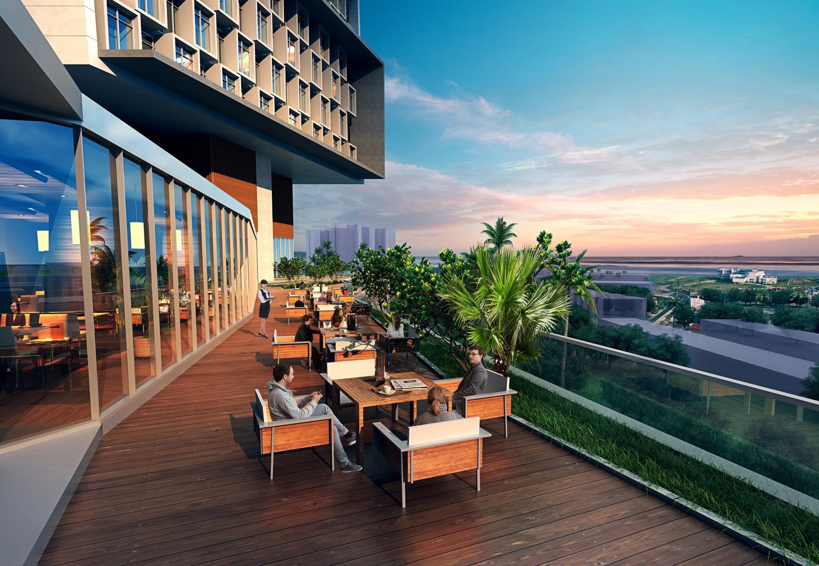Rooftop dining terrace at sunset