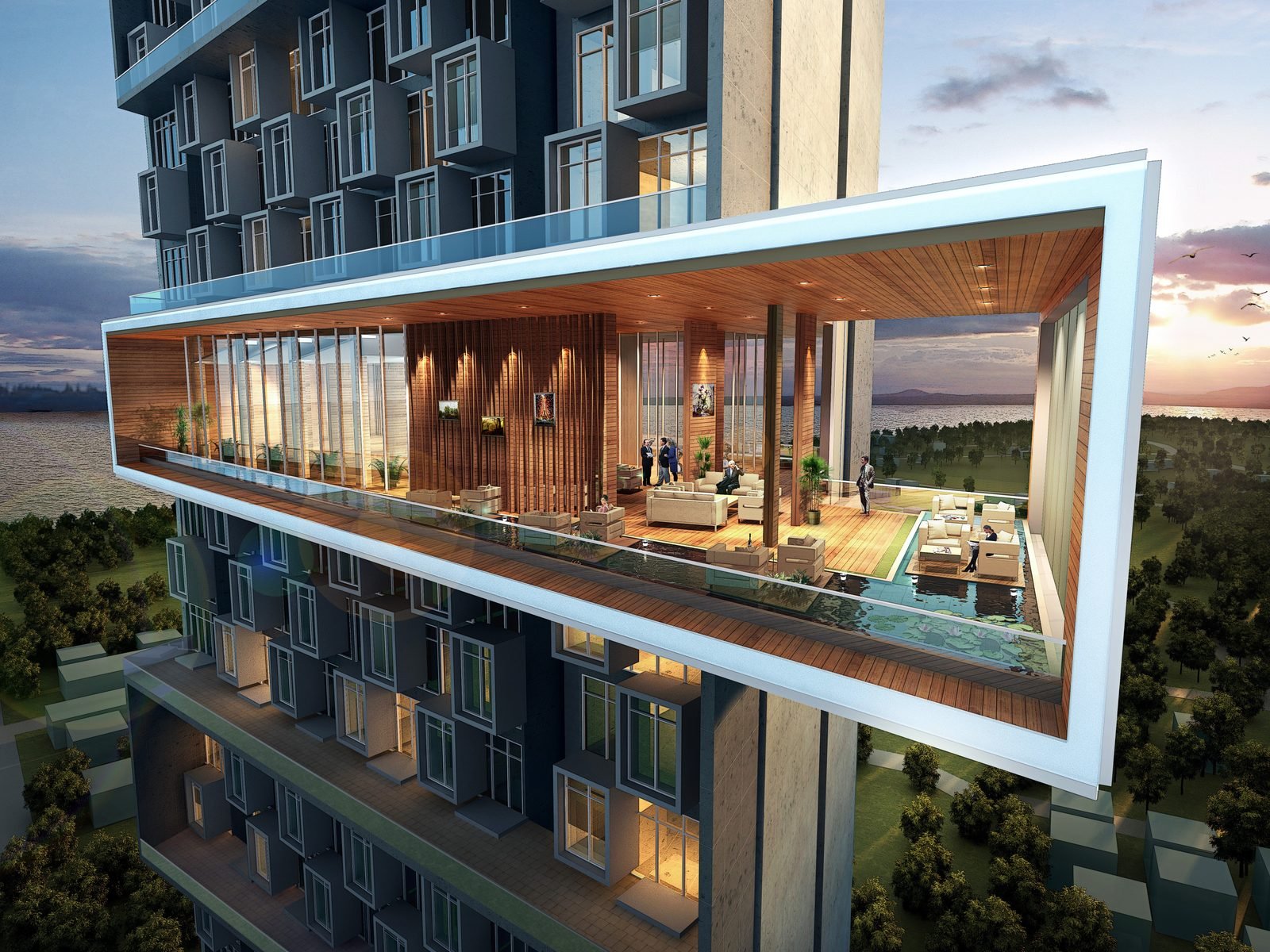 High-rise sky villa with framed terrace