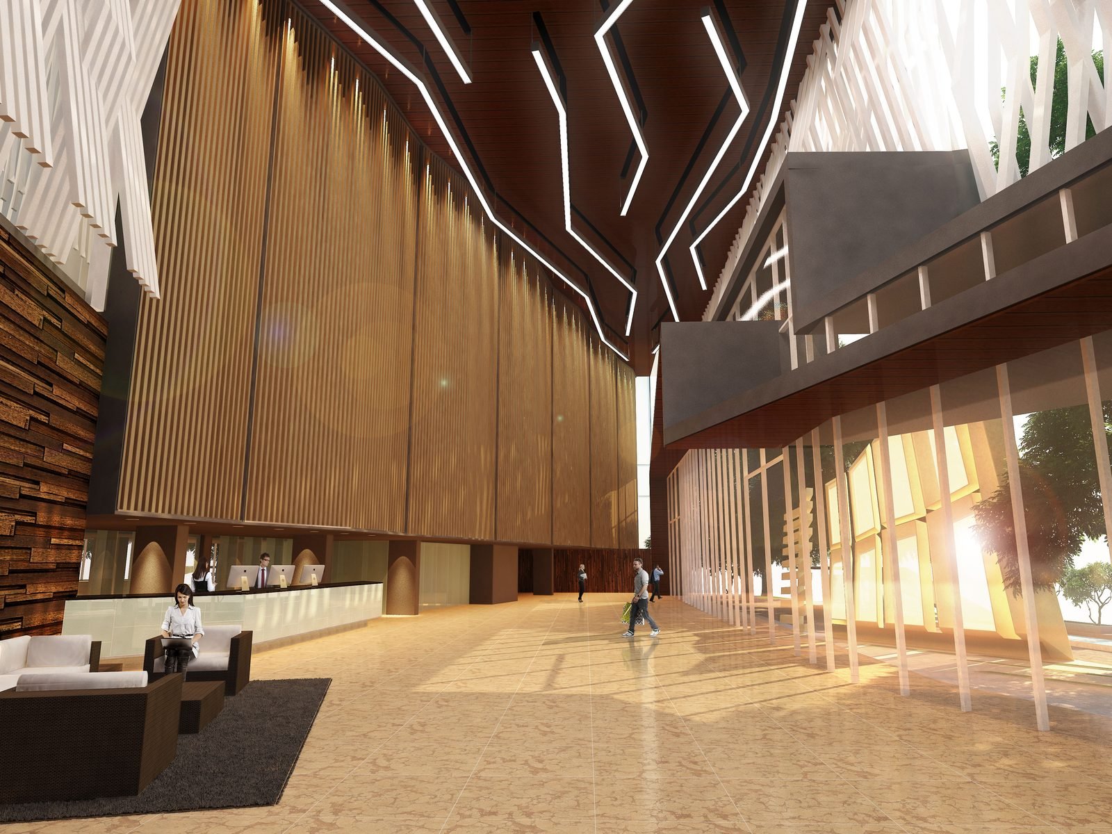 Double-height hotel lobby