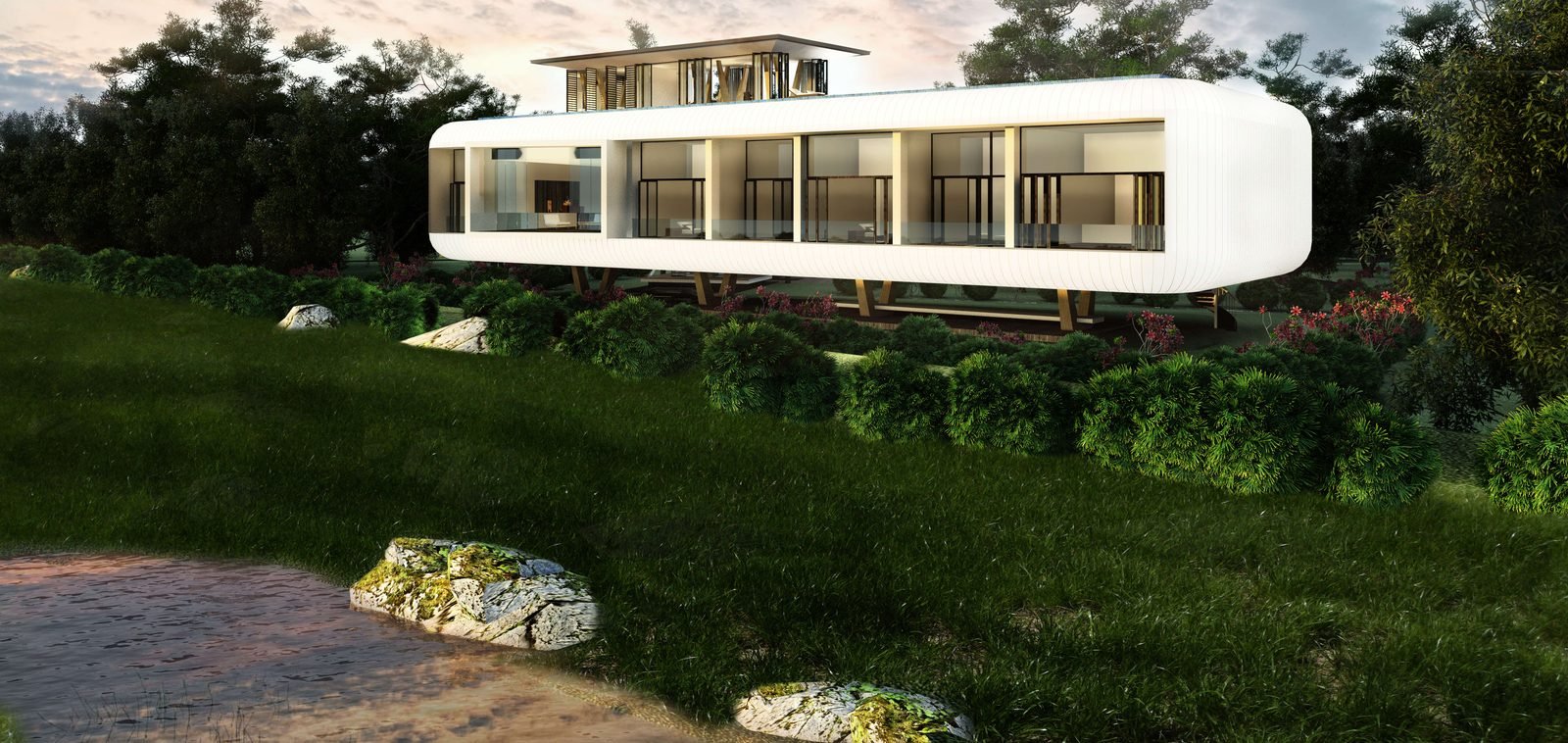 Contemporary residence in evening landscape