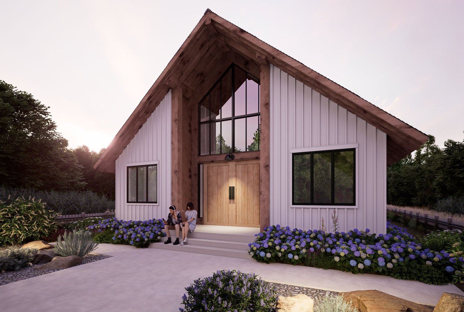 Photorealistic dusk rendering of a modern barn-style residence by Wendell Ocampo