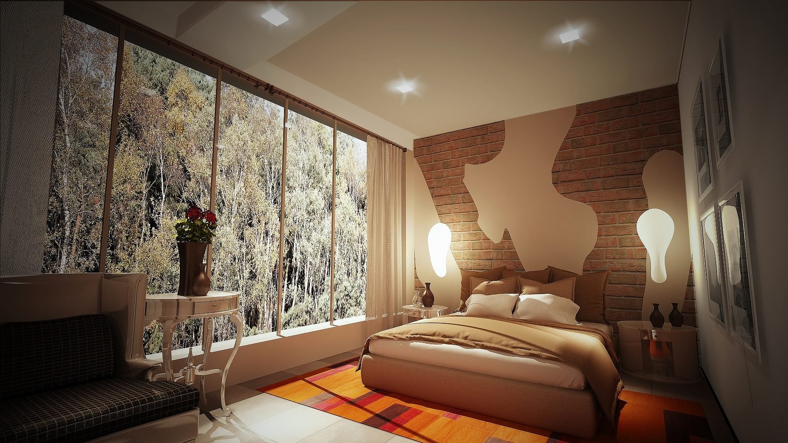 Warm bedroom interior with garden view