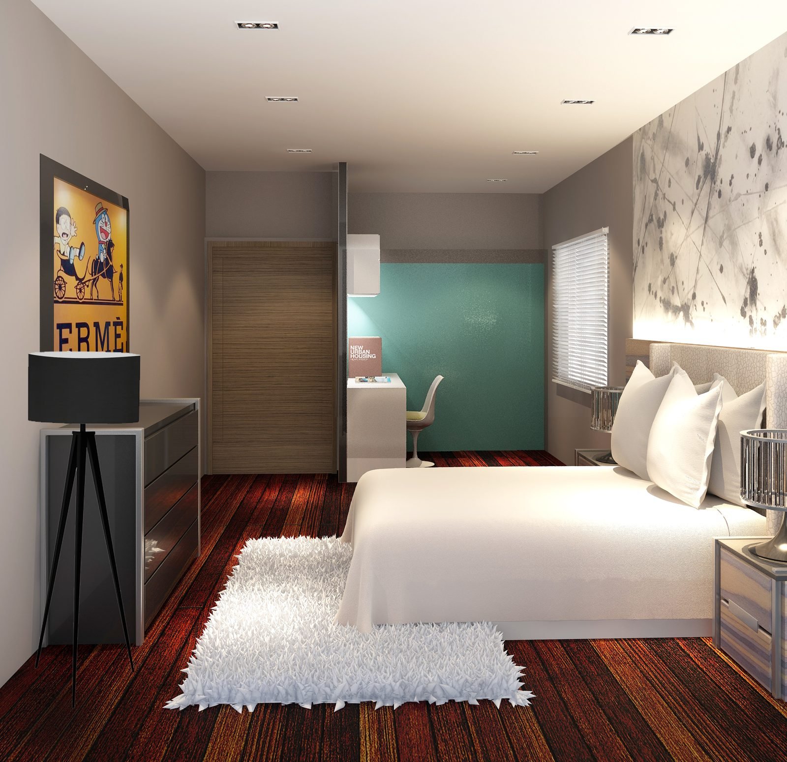 Bedroom interior with teal accent wall