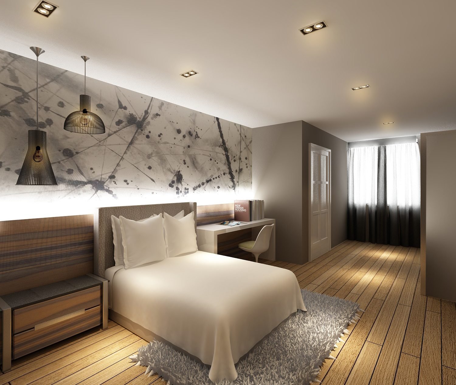 Bedroom interior with backlit feature wall