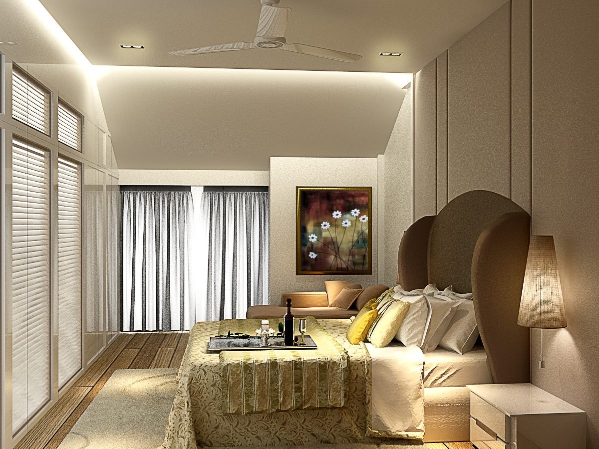 Warm minimal bedroom interior