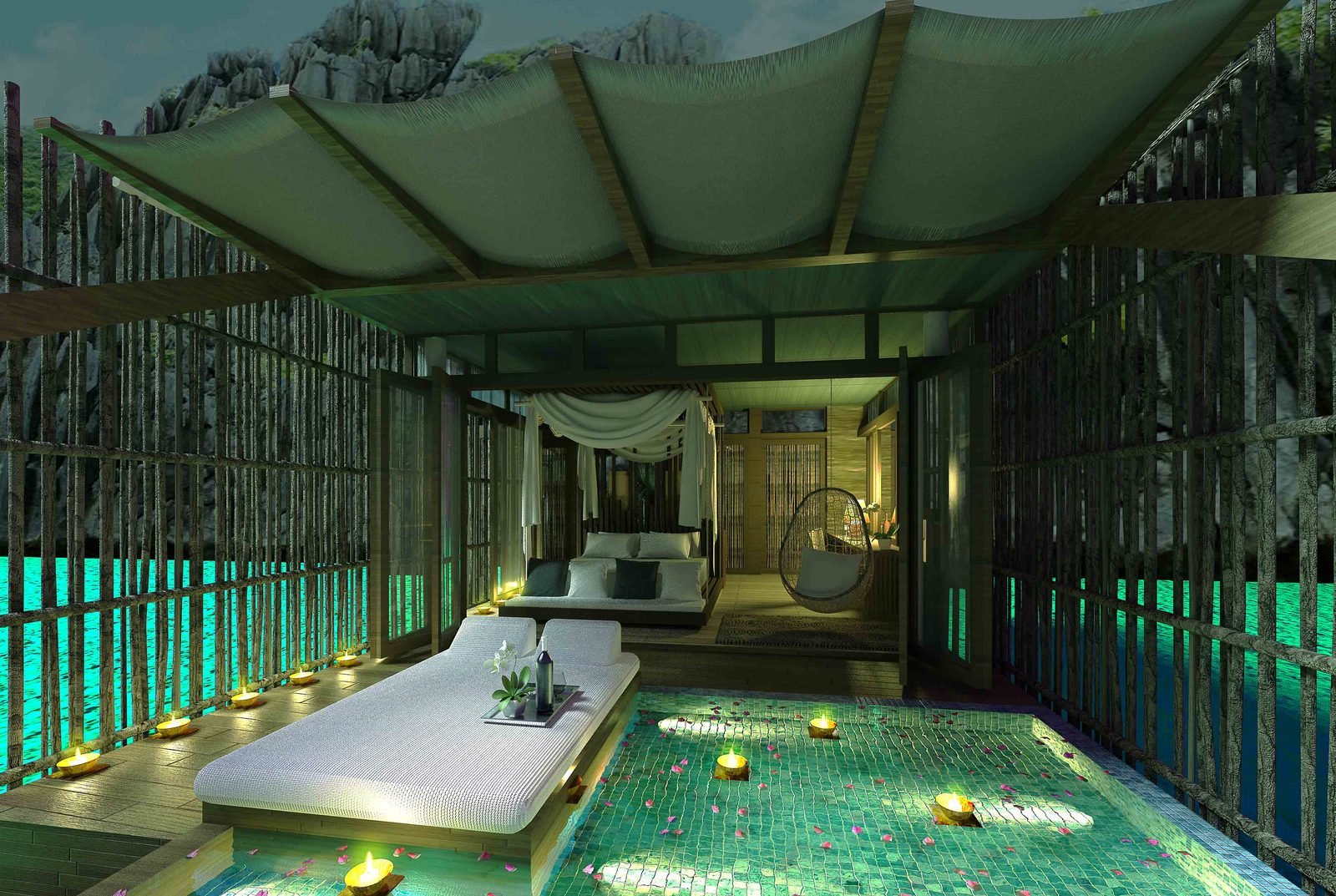 Poolside deck at night