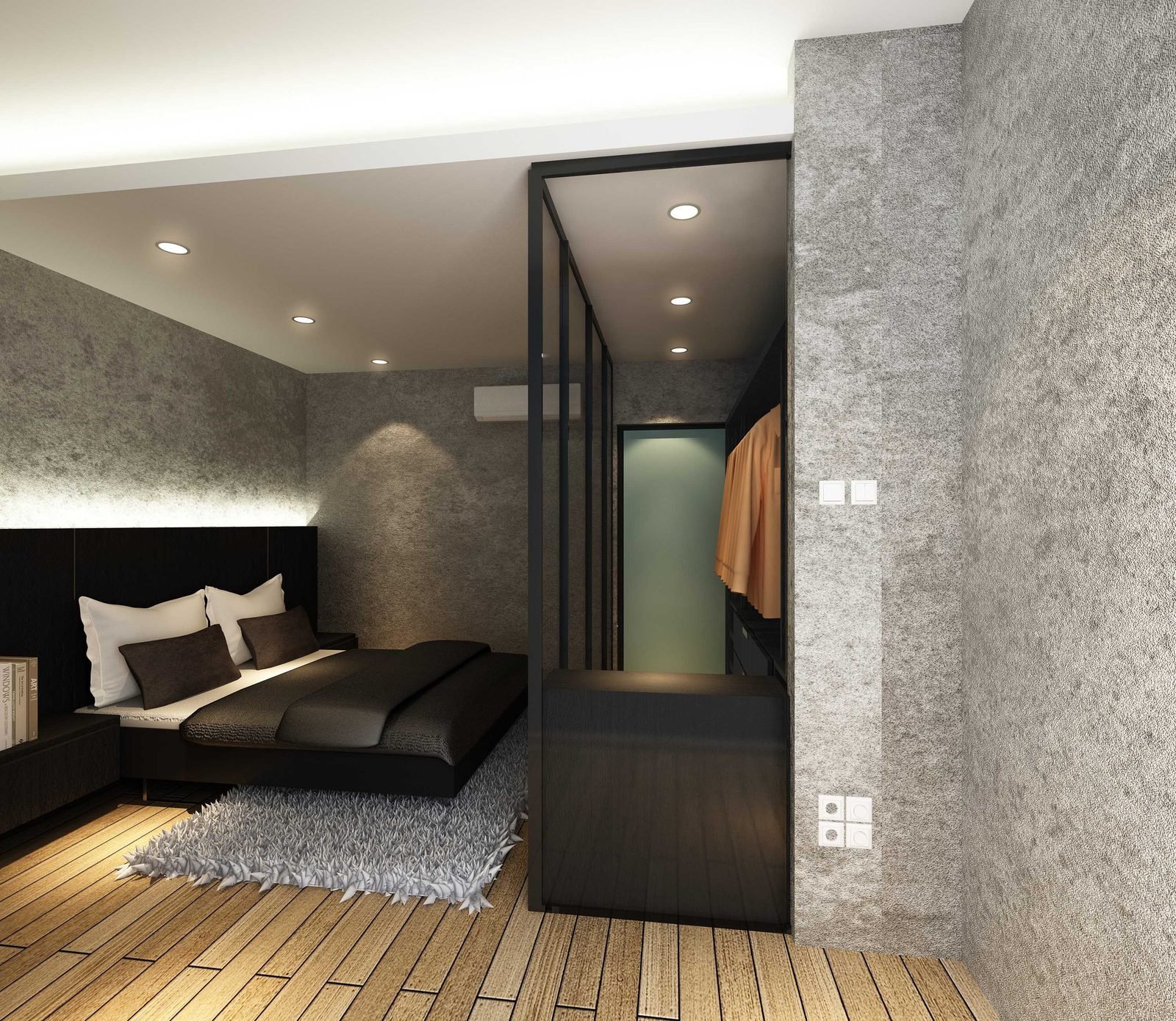 Moody evening bedroom interior